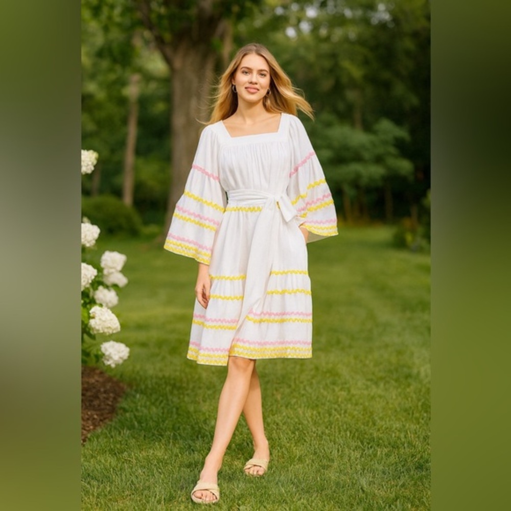 Lisa Marie Fernandez White and Yellow Striped Boho Dress Small NEW